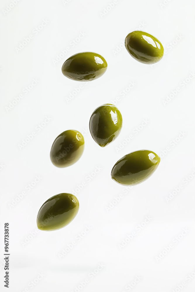 Green olives falling down on white background Green olives falling down on white background