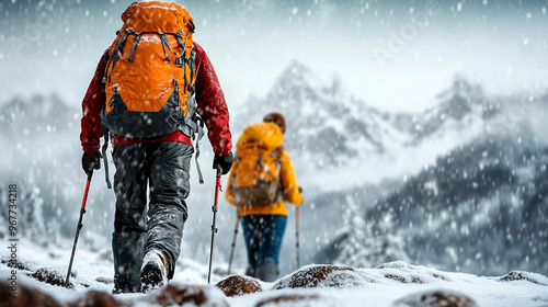 Couple hiking through snowy mountains, experiencing adventure and nature together in winter wilderness photo