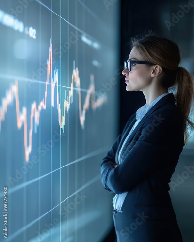 Professional businesswomen analyzing stock market trends on a wallmounted screen, market analysis, corporate finance photo