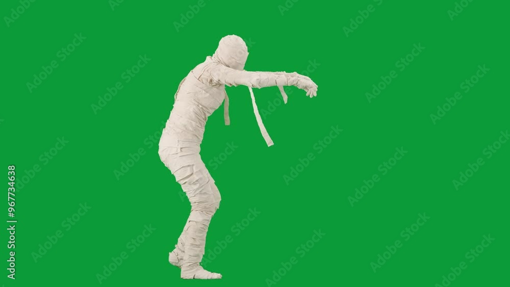 Portrait of person in a mummy bandage on chroma key green screen background. Mummy covered in white cloth ribbons walking with hands up. Portrait of person in a mummy bandage on chroma key green screen background. Mummy covered in white cloth ribbons walking with hands up.