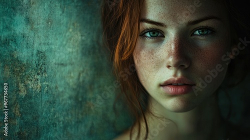 A woman with red hair and blue eyes