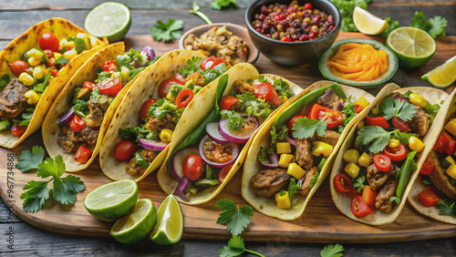 Assorted taco platters filled with flavorful grilled plant-based meats and vegetables, tacos, platters, assorted, grilled