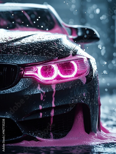 A close-up shot of a sleek car covered in water droplets and pink foam, ideal for advertisements related to car care products, high-performance vehicles, or car wash services,