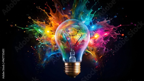 Creative light bulb explodes with colorful paint and splashes on a black background. Think differently creative idea concept .generative AI