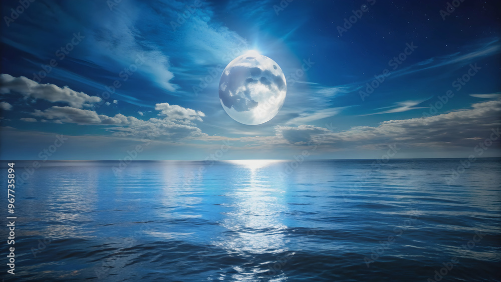Moon shining brightly over calm ocean at night, moon, ocean, night, serene, tranquil, reflection, water, sky, celestial, stars Moon shining brightly over calm ocean at night, moon, ocean, night, serene, tranquil, reflection, water, sky, celestial, stars