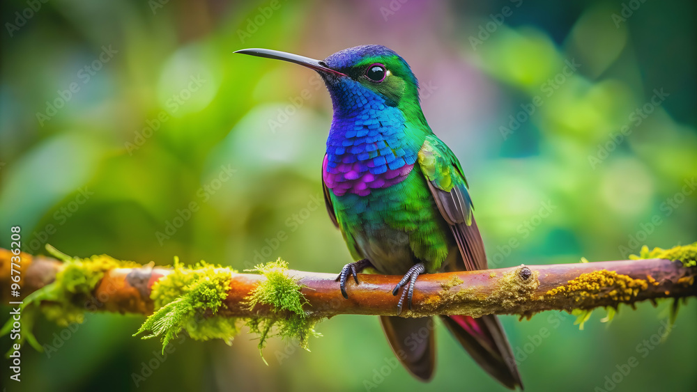 Vibrant colored colibri bird perched on a branch in the lush jungle, colibri, bird, jungle, nature, vibrant, colorful Vibrant colored colibri bird perched on a branch in the lush jungle, colibri, bird, jungle, nature, vibrant, colorful