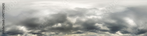 Dark moody rain clouds in dramatic overcast sky. Seamless 360 HDR spherical panorama. Full zenith or sky dome in 3D environment, sky replacement for aerial drone panoramas. Climate and weather change.