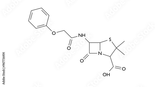 Tableau sur toile penicillin v molecule, structural chemical formula, ball-and-stick model, isolat