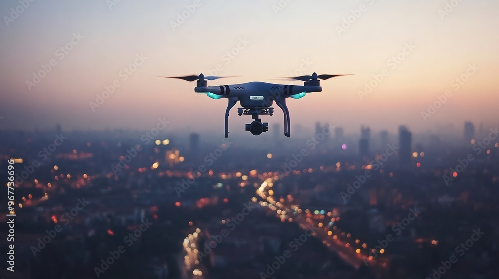 Drone flying over city lights at sunset. Drone flying over city lights at sunset.