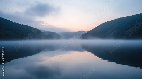 Serene landscape of a misty lake surrounded by hills at dawn.