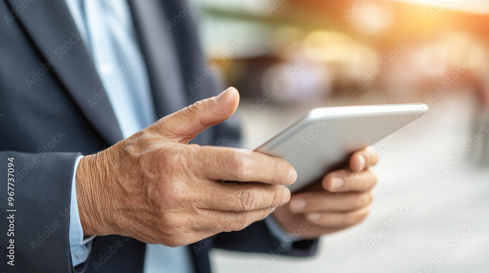 senior man uses a digital tablet for work, demonstrating the blend of modern technology and senior expertise. His focused hands on the device symbolize adaptability, lifelong learning, and digital inc senior man uses a digital tablet for work, demonstrating the blend of modern technology and senior expertise. His focused hands on the device symbolize adaptability, lifelong learning, and digital inc