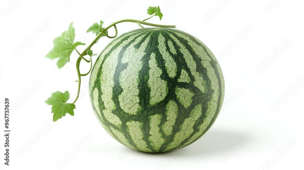 Whole watermelon with green skin and a vine attached, isolated on white. Whole watermelon with green skin and a vine attached, isolated on white.