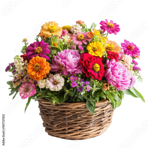 A vibrant bouquet of mixed flowers arranged in a woven basket, perfect for decoration or gifting.