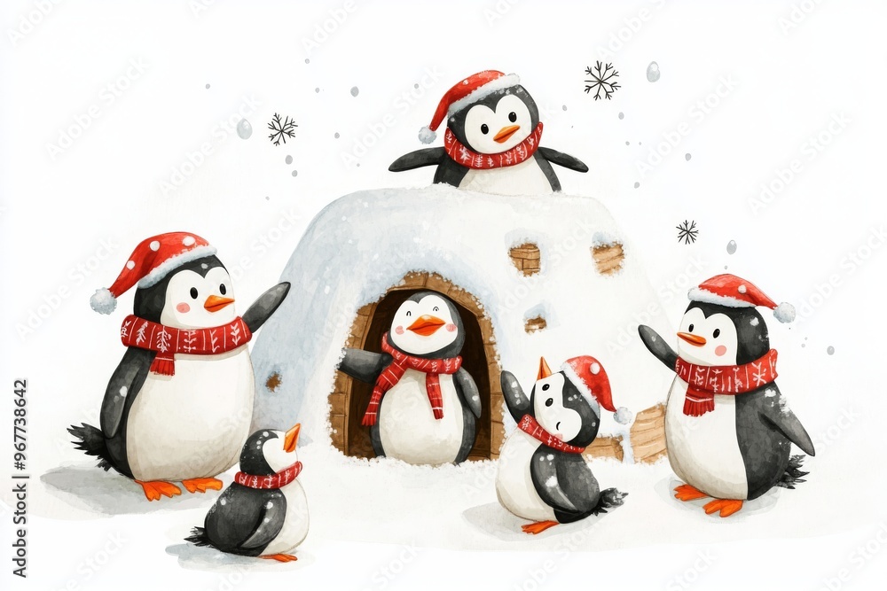 Naklejka premium a playful merry christmas banner with a group of adorable penguins in festive scarves, building a snow fort and playing in the snow.