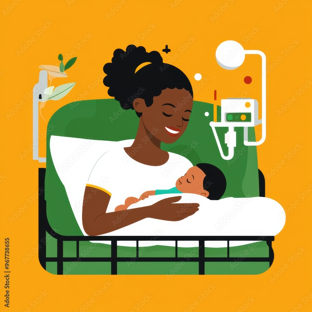 A joyful mother lovingly cradles her newborn in a cozy hospital room, highlighting the bond of love and care.