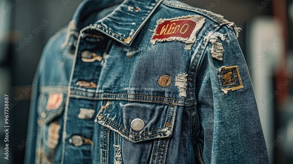 A close-up of a faded denim jacket with a frayed collar and worn patches, showcasing its unique character and history. A close-up of a faded denim jacket with a frayed collar and worn patches, showcasing its unique character and history.