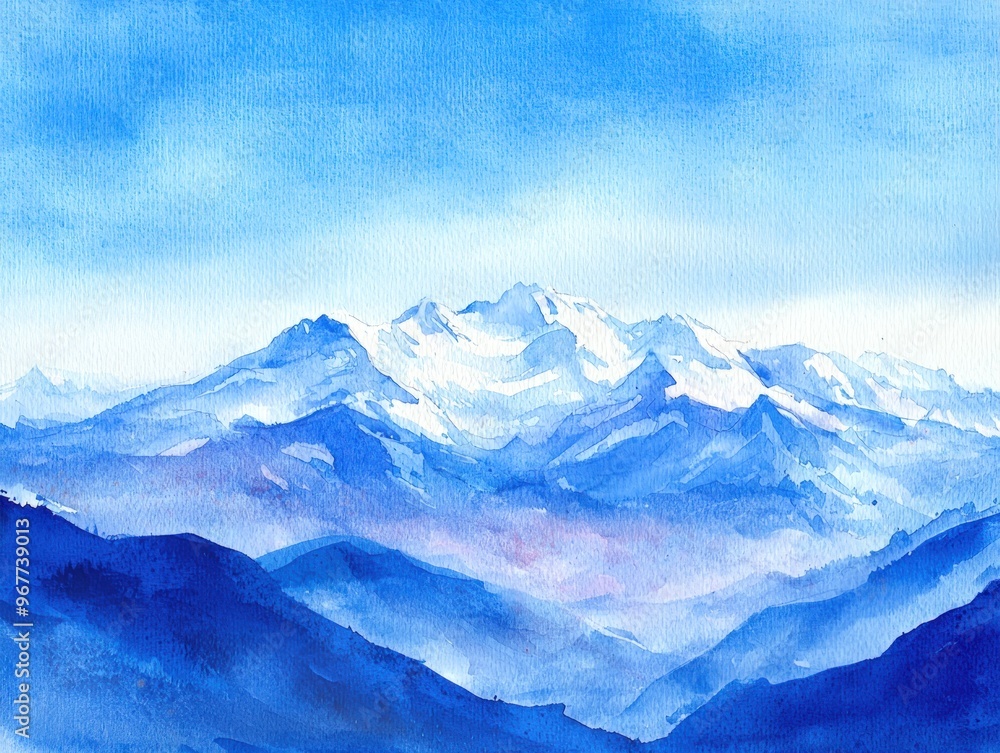 Fototapeta premium Serene Watercolor Mountain Landscape - Tranquil Blue Hues.