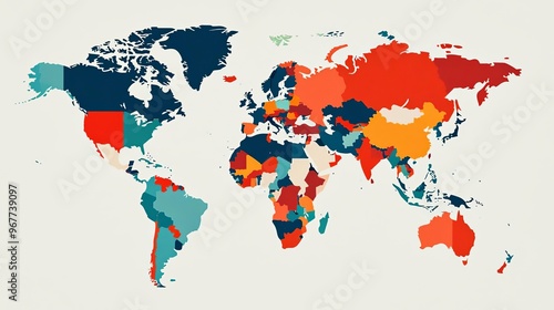 Fototapeta Naklejka Na Ścianę i Meble -  A colorful world map illustrating various countries and regions, perfect for educational and creative projects.