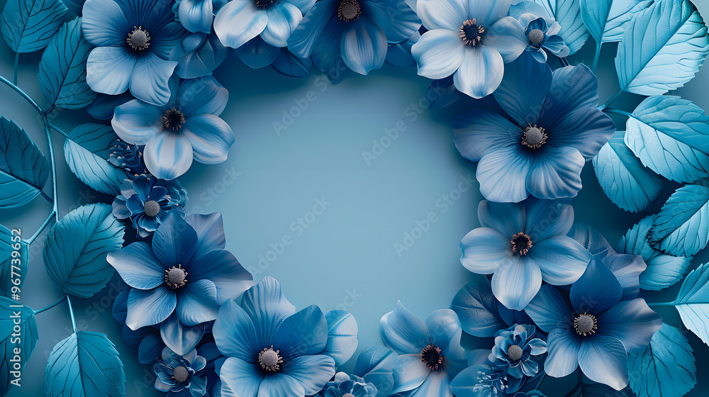 Raster illustration of beautiful blue flower arrangement with bracelet, leaves, and fragrant colors in sea tones. Suitable for botanical garden events and fine art decoration Raster illustration of beautiful blue flower arrangement with bracelet, leaves, and fragrant colors in sea tones. Suitable for botanical garden events and fine art decoration