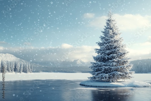 a serene winter wonderland scene featuring a snow-covered christmas tree, a frozen lake, and snowflakes gently falling