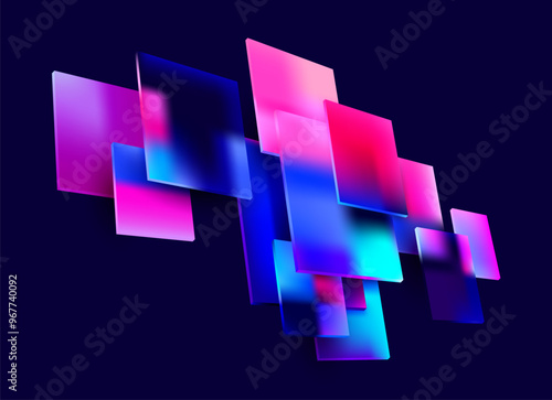 3D color squares and rectangles in glass morphism style. Transparent frame for text with geometric shapes.