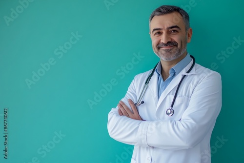 a smiling male doctor in a white coat, stethoscope in place, stands confidently with his arms crossed against a soothing turquoise background, exuding confidence and friendliness