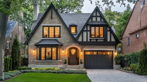 A charming brick house with a black door, a large window and a garage door, set against a background of lush green trees.