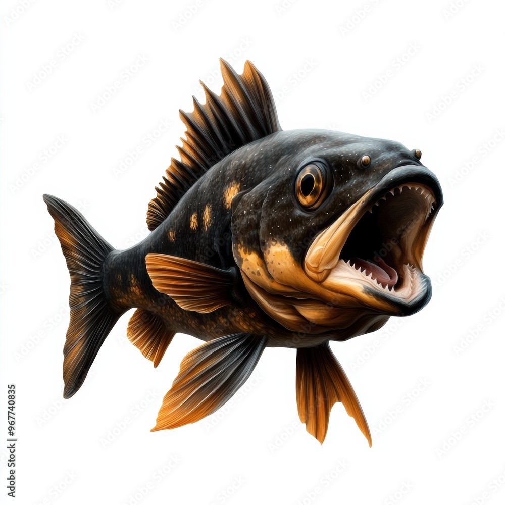 A striking black and orange fish displaying open mouth and detailed fins, perfect for nature and wildlife imagery. A striking black and orange fish displaying open mouth and detailed fins, perfect for nature and wildlife imagery.