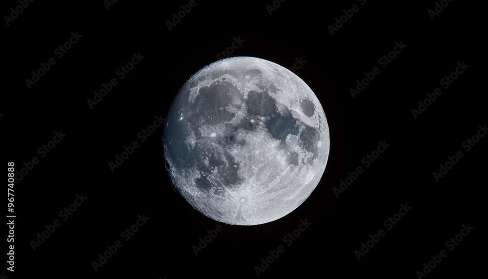 Obraz premium 夜空に浮かぶ明るく輝く満月を捉えています。月のクレーターや表面のディテールがはっきりと見えており、黒い背景との対比が美しいシンプルな天体写真です。神秘的で静かな雰囲気が感じられます。generative AI