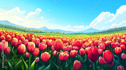 A vibrant field of tulips in full bloom 