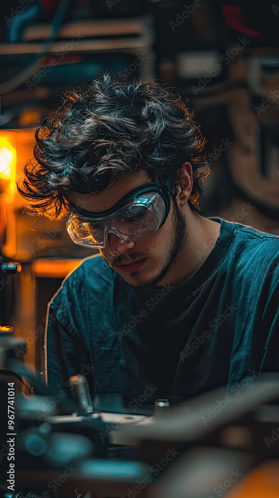Fototapeta premium A person wearing safety goggles while operating power tool, focused and engaged in their work. environment is dimly lit, highlighting intensity of task at hand