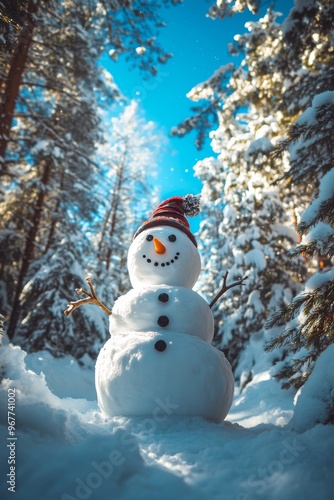 a smiling snowman in a winter wonderland, surrounded by snow-covered trees and a bright blue sky