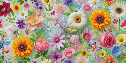 Wallpaper Mural Seamless collage background of summer and spring flowers in angelcore style, angelcore, seamless, background, flowers, collage Torontodigital.ca