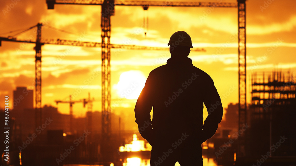 An engineer in silhouette stands with cranes and a construction site background An engineer in silhouette stands with cranes and a construction site background