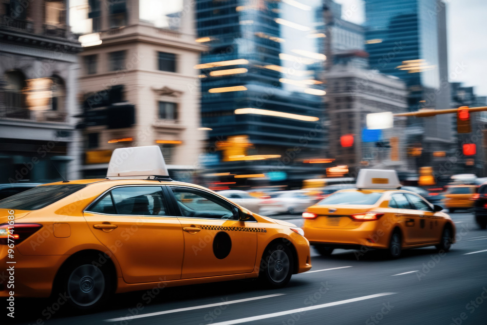 Obraz premium A taxi blurred in motion on a city street, conveying the dynamics and rhythm of city life in an urban landscape