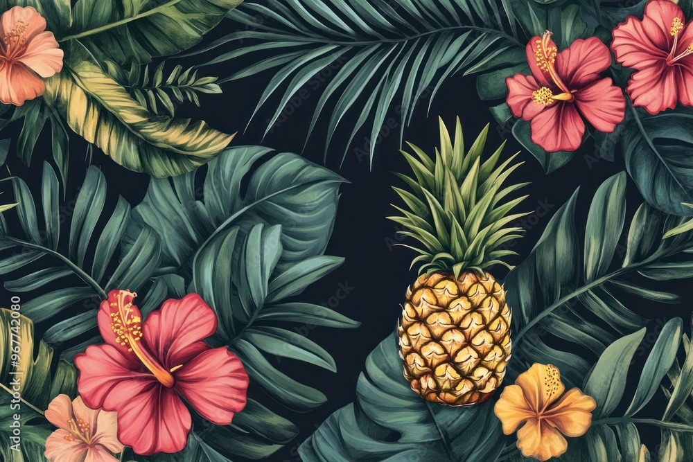 Tropical hand-drawn pattern featuring palm leaves, hibiscus flowers, pineapples, and various exotic plants on a dark background. Tropical hand-drawn pattern featuring palm leaves, hibiscus flowers, pineapples, and various exotic plants on a dark background.