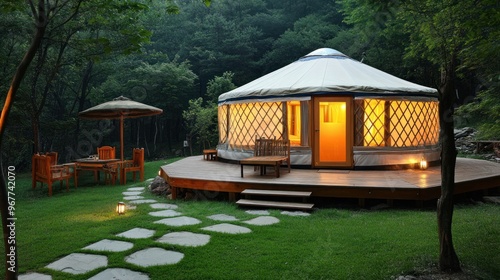 A lit yurt in the woods at night with a patio and stone pathway. photo