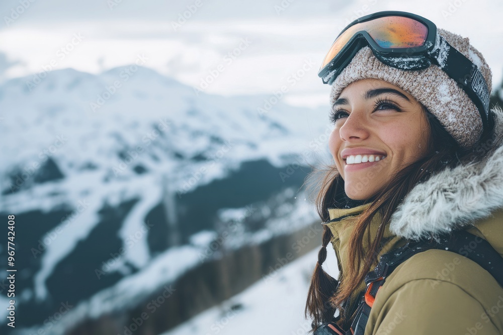 Fashionable girl in stylish winter attire smiling at ski resort Fashionable girl in stylish winter attire smiling at ski resort