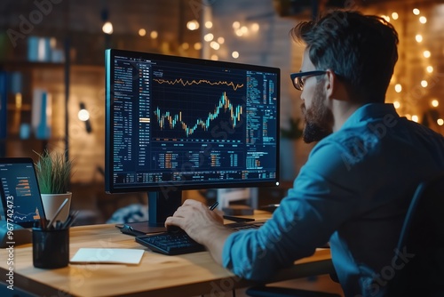 Businessman with computer with stock market data on screen and notes in office