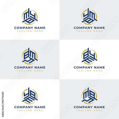Letters YBM, YMB, BYM, BMY, MYB, MBY Hexagonal Technology Logo Set. Suitable for any business