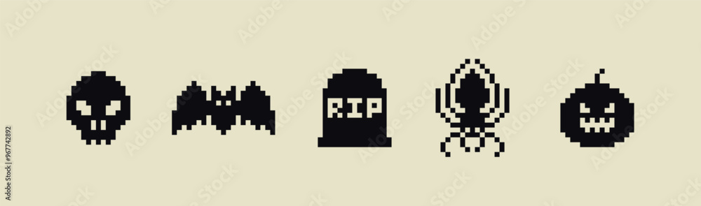 Pixel Art Halloween icons and objects. 8-bit pixel game graphics design. Halloween set of funny witch, hat, night cat, bat, potion, Pixel Art Halloween icons and objects. 8-bit pixel game graphics design. Halloween set of funny witch, hat, night cat, bat, potion,