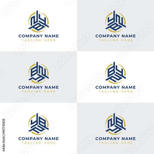 Letters YBN, YNB, BYN, BNY, NYB, NBY Hexagonal Technology Logo Set. Suitable for any business