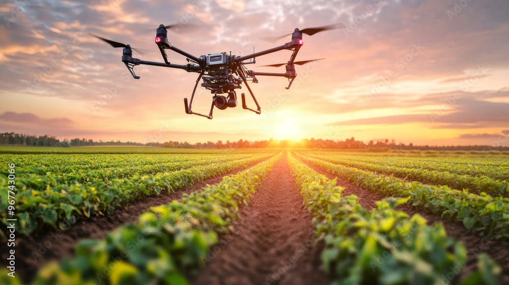 Drone flying over a field of crops at sunset. Drone flying over a field of crops at sunset.