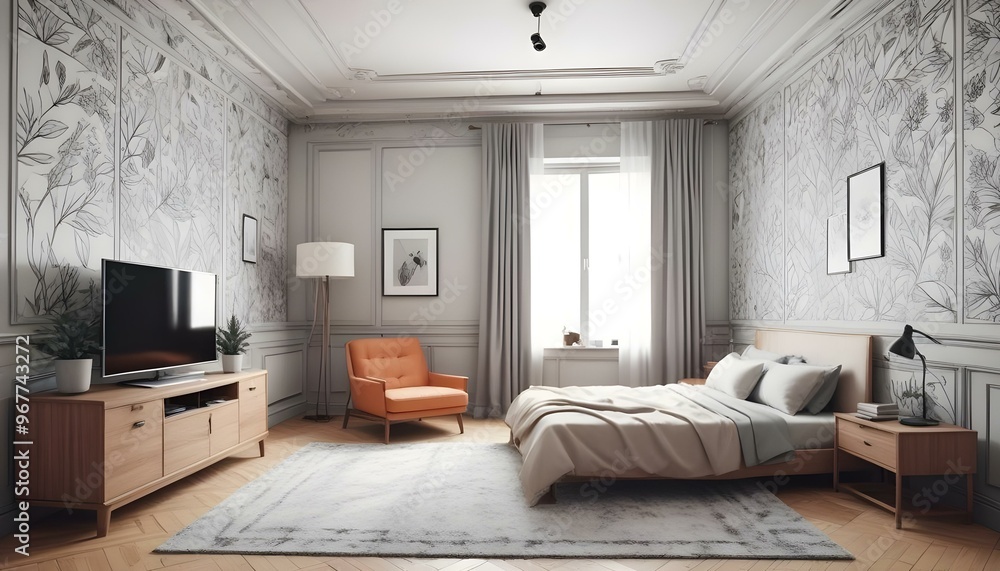 Photo interior modern design room 3d illustration; Photo interior modern design room 3d illustration;