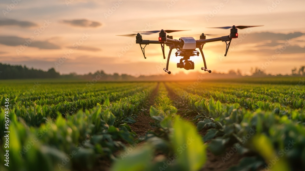 Drone flying over a field of crops at sunset. Drone flying over a field of crops at sunset.