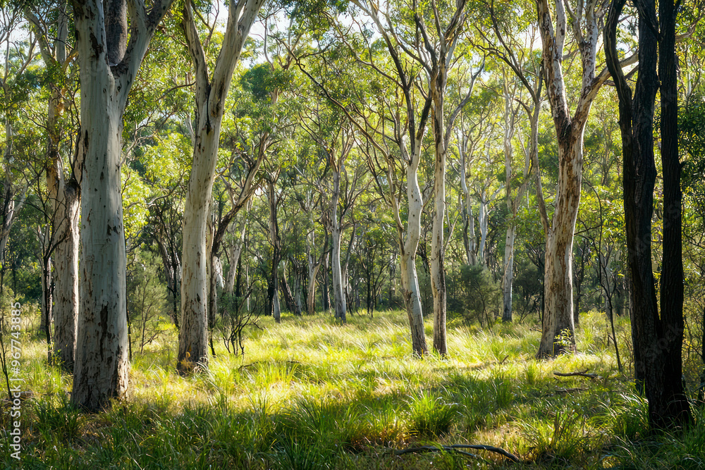 Gum Trees and shrubs in the Australian bush forest.