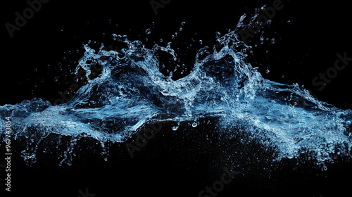 Blue water splash isolated on black background. isolated on a solid black background. Illustrations 