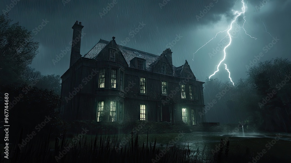 A creepy British villa during a thunderstorm, with lightning cracking across the sky and casting ominous light on the ghostly house. A creepy British villa during a thunderstorm, with lightning cracking across the sky and casting ominous light on the ghostly house.