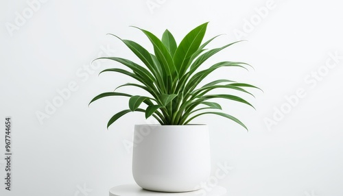 Fresh green houseplant in a sleek white pot against a white background. Ideal for interior decor, houseplants, and minimalist themes. Perfect for modern and eco-friendly concepts.