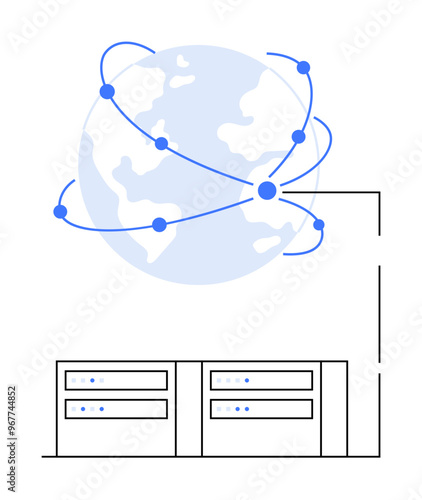 Two server racks connected to a globe with orbiting lines and nodes. Ideal for global connectivity, data storage, networking, cloud computing, digital infrastructure, and network design. Flat design